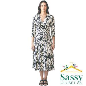 Vince Camuto Black White Wrap Dress Women’s S 3/4 Sleeve Midi Poly Blend EUC